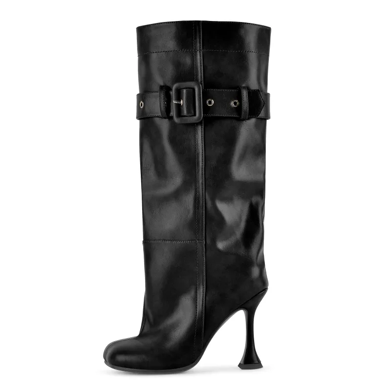 Square Toe Buckle Strap Knee High Boots made by Onlymaker