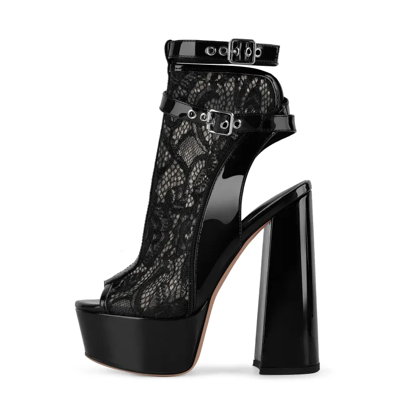 Open Toe Platform Lace Mesh Buckles Bootie Sandals made by Onlymaker