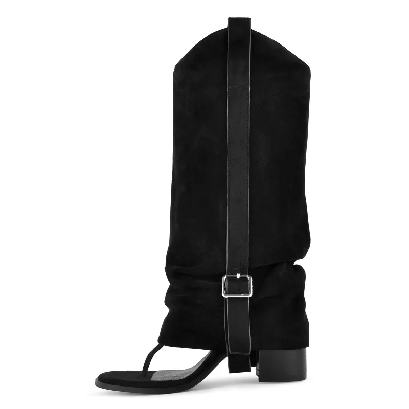 Suede Flip-Flop Buckle Knee High Boots made by Onlymaker