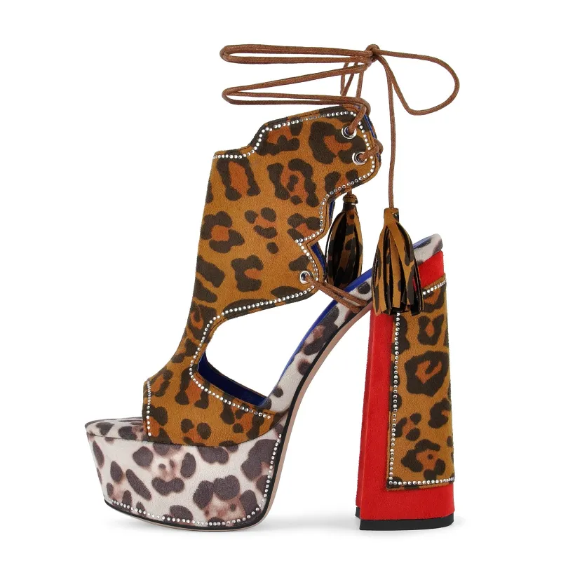 Leopard Rhinestone Tassel Lace-up Platform Sandals made by Onlymaker