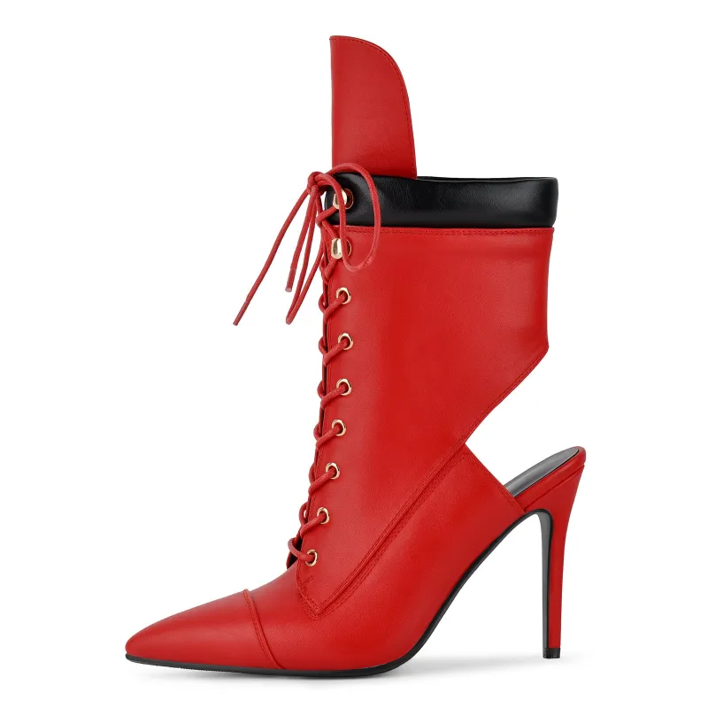 Pointed Toe Lace-up Cutout Ankle Boots made by Onlymaker