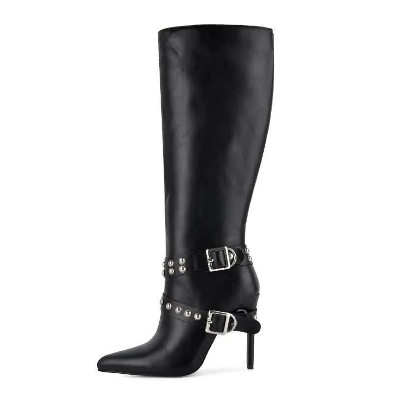 Pointed Toe Studded Buckle Strap Knee High Boots made by Onlymaker