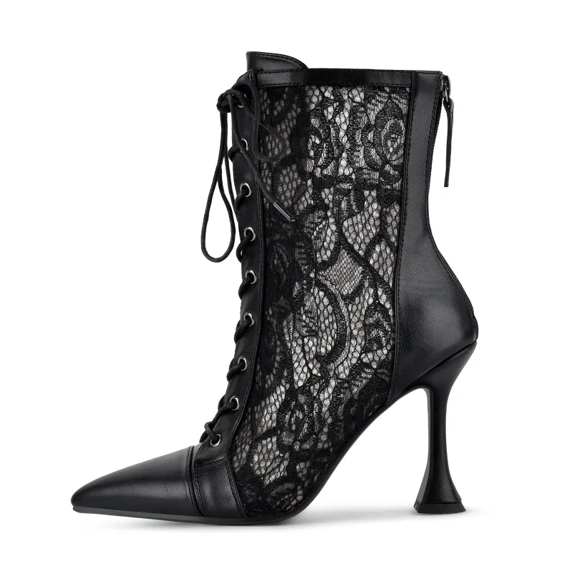 Pointed Toe Lace Mesh Lace-up Ankle Boots made by Onlymaker
