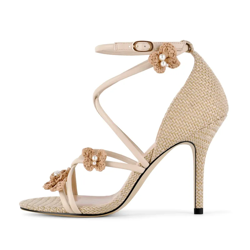 Pearl Flower Straw Cross Ankle Strap Sandals made by Onlymaker