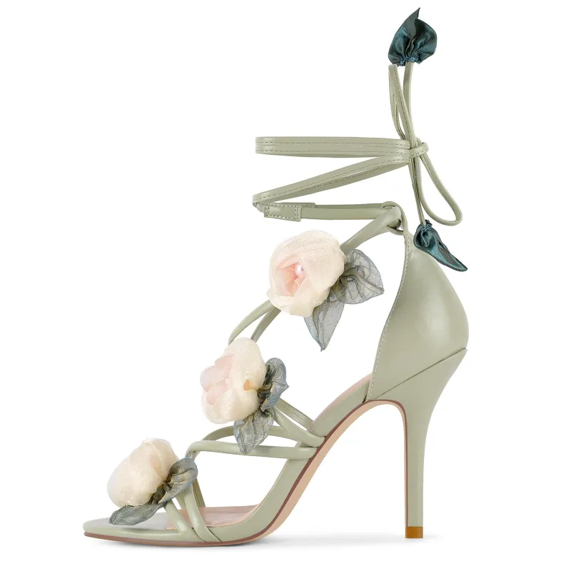 Round Toe Organza Flower Wrap Lace-up Sandals made by Onlymaker