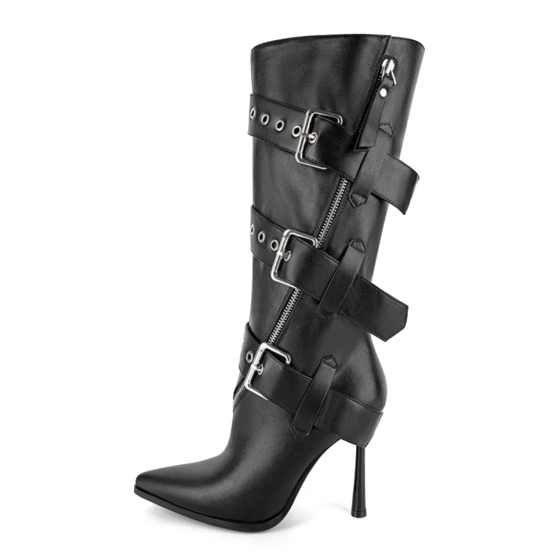 Pointed Toe Buckle Strap Zipper Knee High Boots made by Onlymaker