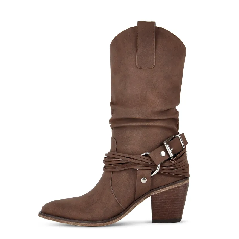 Ruched Buckle Strap Mid-Calf Western Boots made by Onlymaker