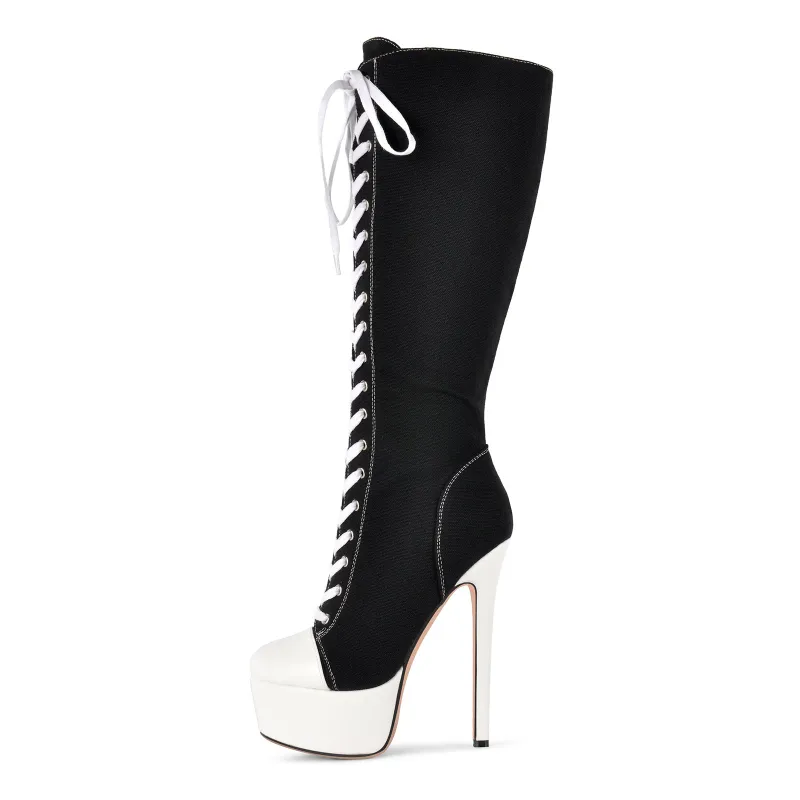 Round Toe Platform Canvas Lace-up Knee High Boots made by Onlymaker
