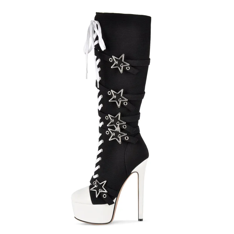 Platform Star Buckle Canvas Lace-up Knee High Boots made by Onlymaker