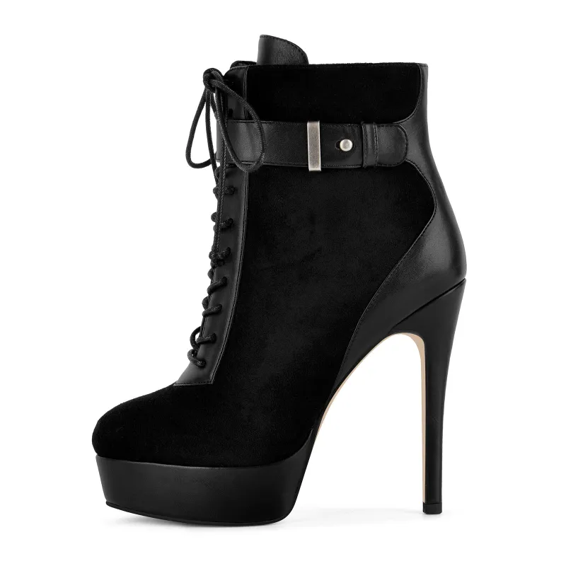 Suede Platform Lace-up Buckle Stiletto Ankle Boots made by Onlymaker