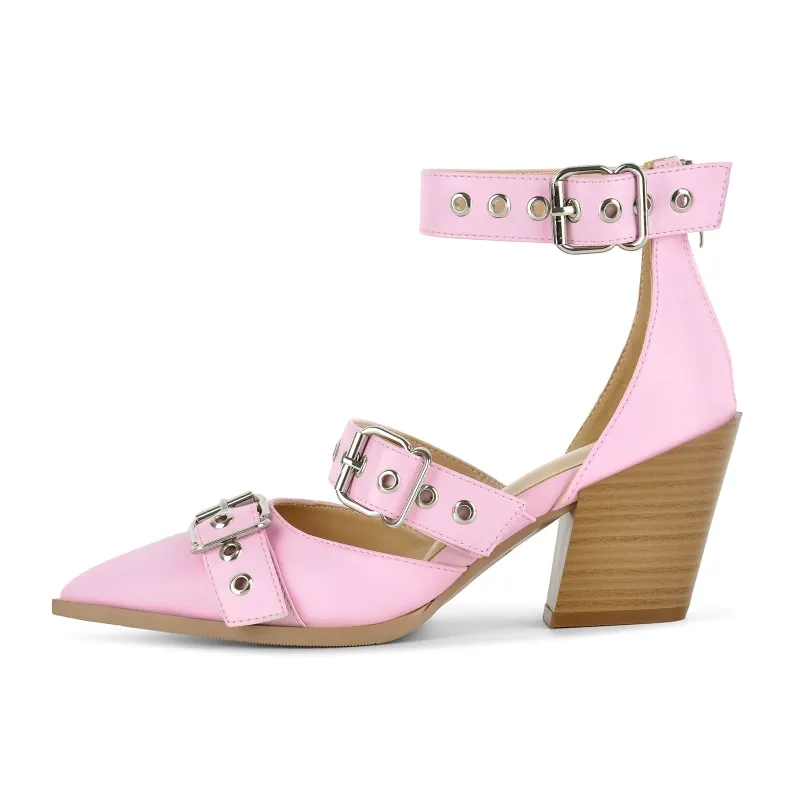Pointed Toe Buckles Ankle Strap Chunky Heels made by Onlymaker