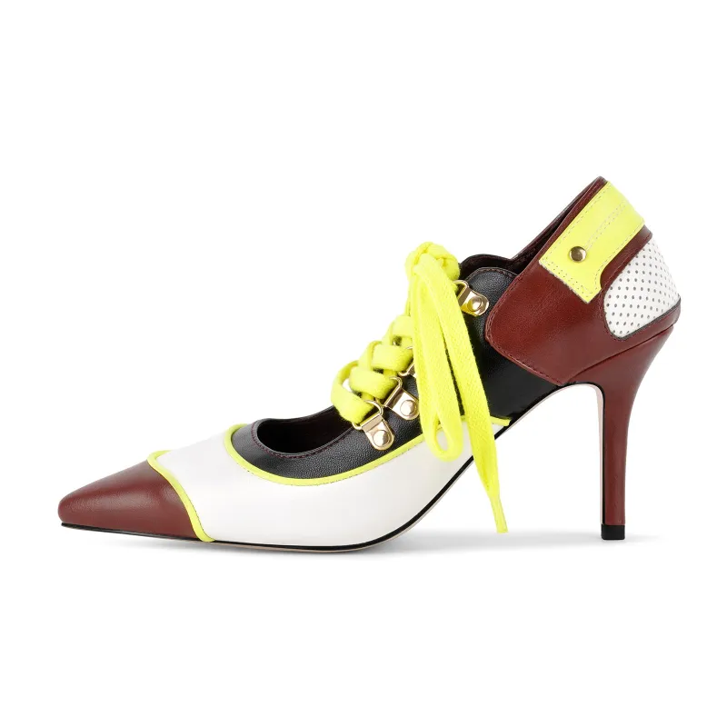 Pointed Toe Lace-up Color Block Stiletto Pumps made by Onlymaker