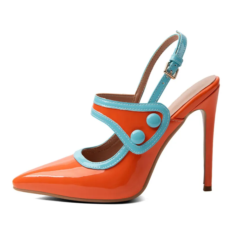 Pointed Toe Color Block Button Slingback Pumps made by Onlymaker
