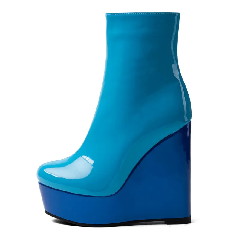 Platform Patent Leather Wedge Heel Ankle Boots made by Onlymaker