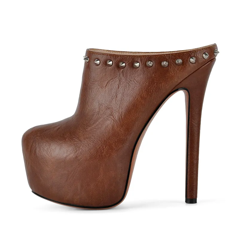 Round Toe Platform Studded Stiletto Mules made by Onlymaker