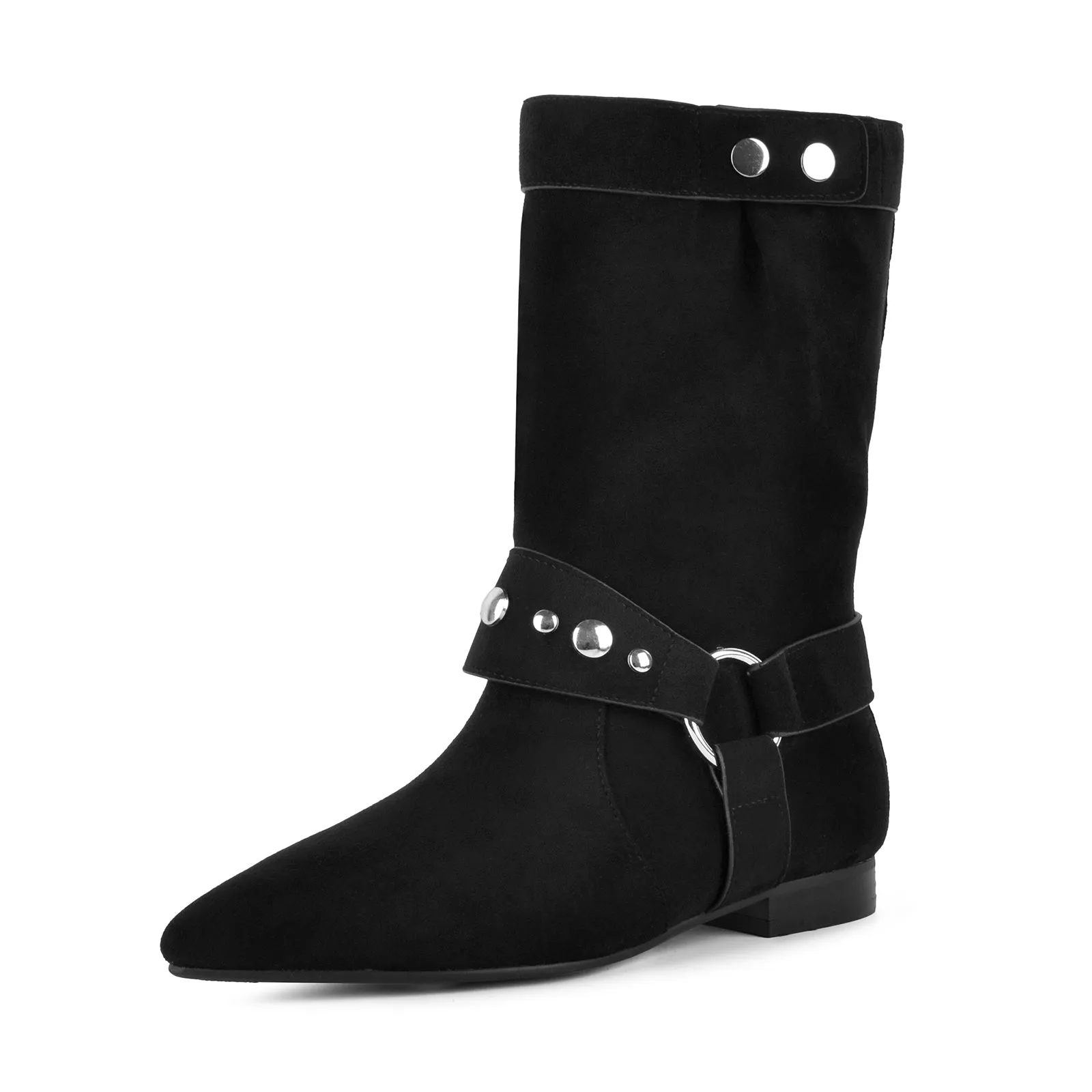 Suede Studded Buckle Ankle Western Flat Boots sold by Onlymaker product image thumbnail 2