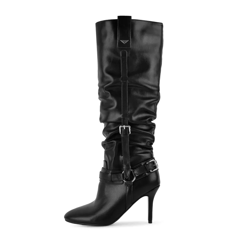 Pointed Toe Multi Buckle Ruched Knee High Boots made by Onlymaker