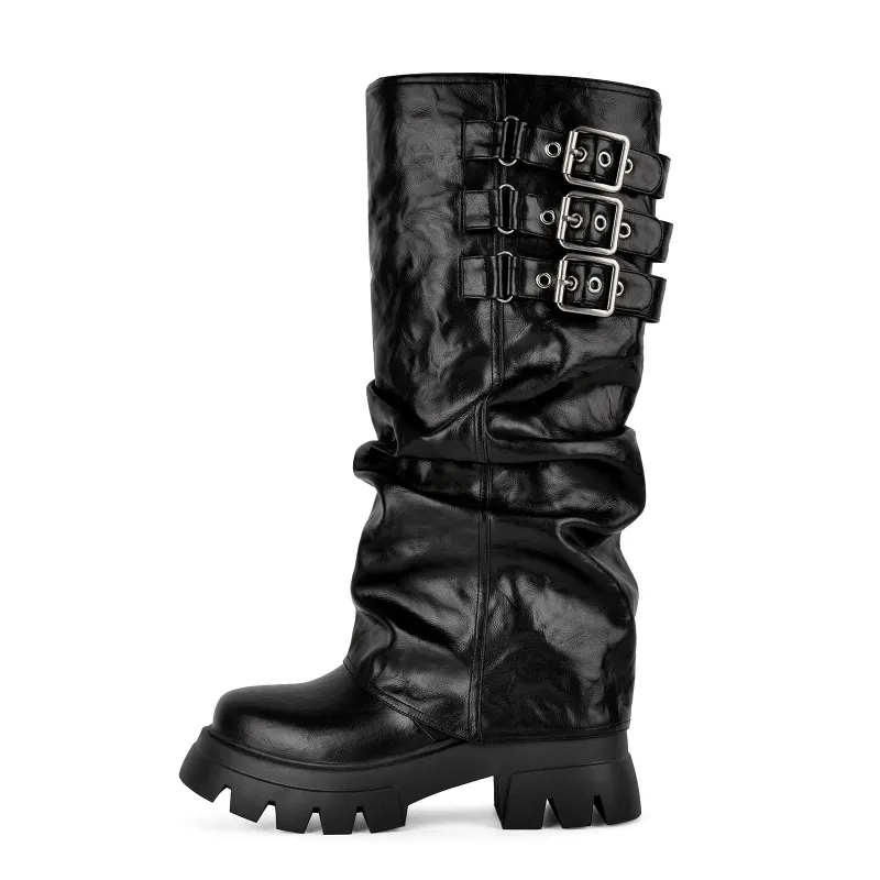 Platform Buckle Straps Ruched Knee High Boots made by Onlymaker
