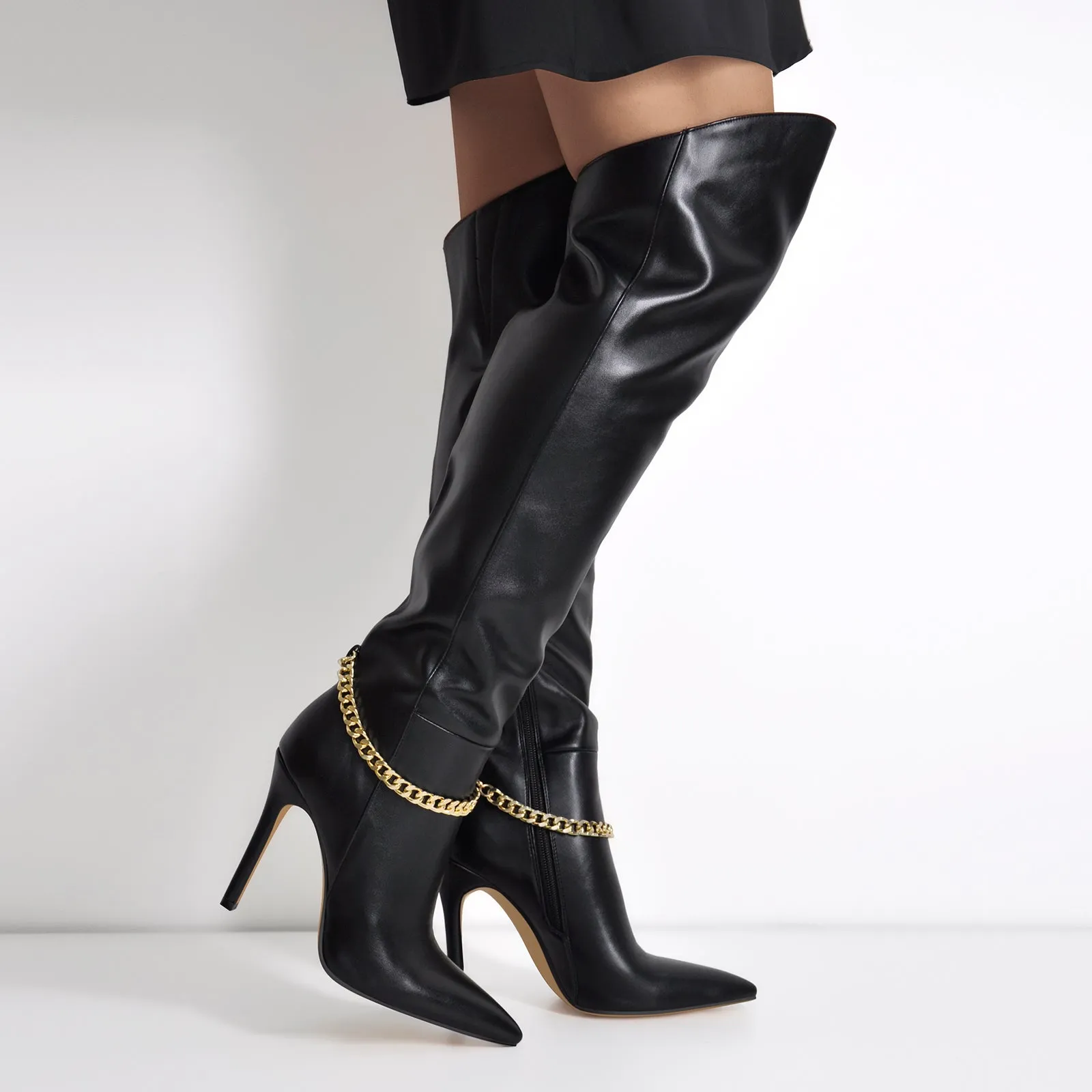 Pointed Toe Black Metal Chain Stiletto Thigh Boots sold by Onlymaker product image thumbnail 5