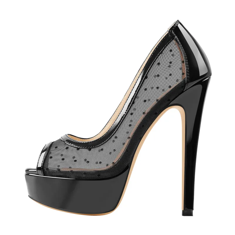 Peep Toe Black Platform Grid High Heel Stiletto Pumps sold by Onlymaker