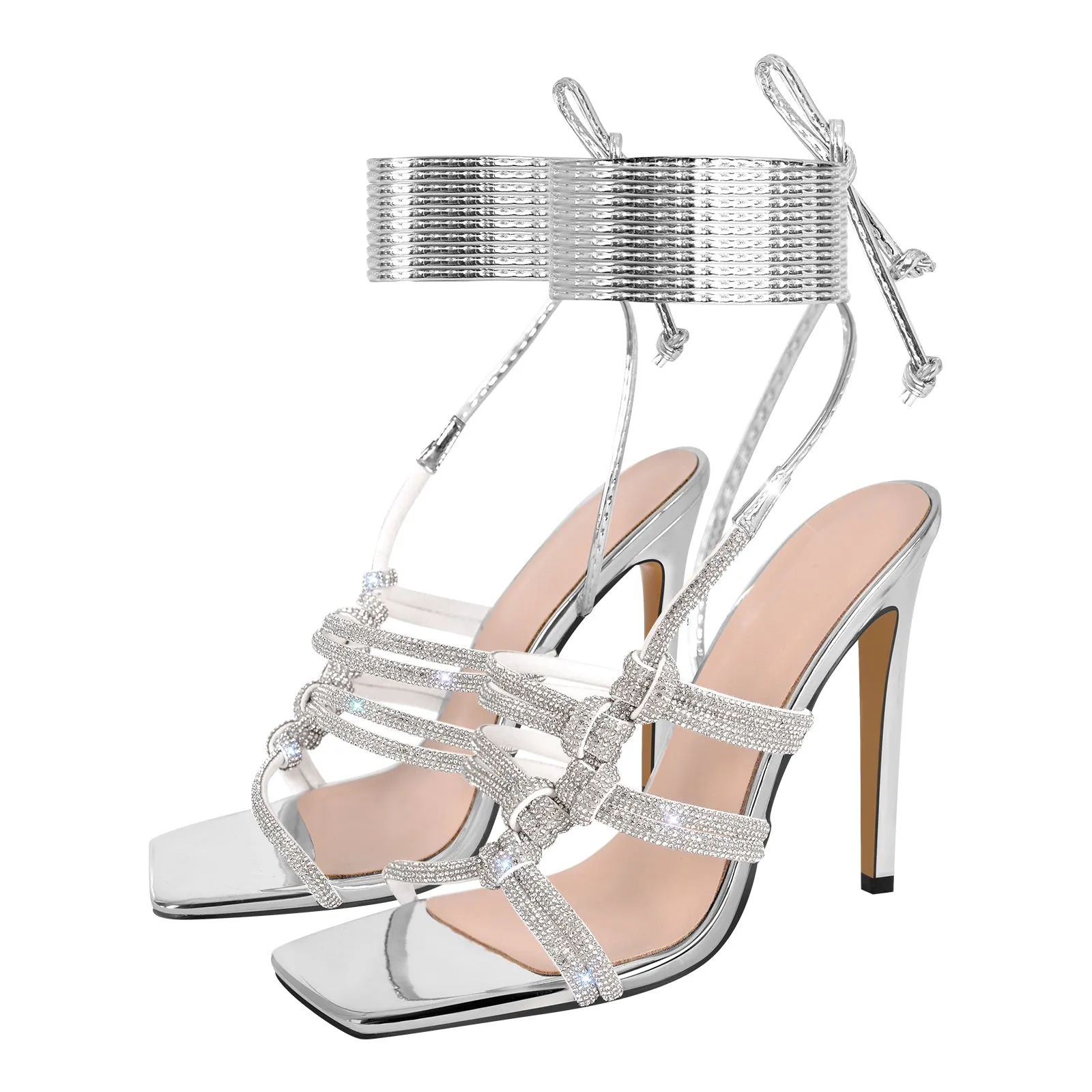 Rhinestone Square Toe Stiletto Ankle Strap Sandals sold by Onlymaker