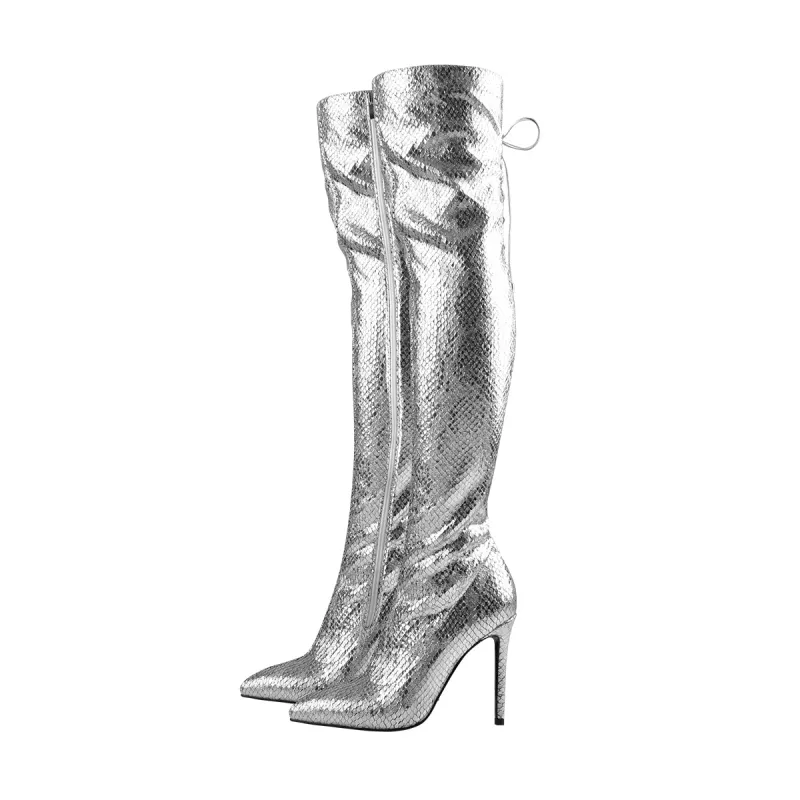 Pointed Toe Metallic Silver Thigh High Boots sold by Onlymaker