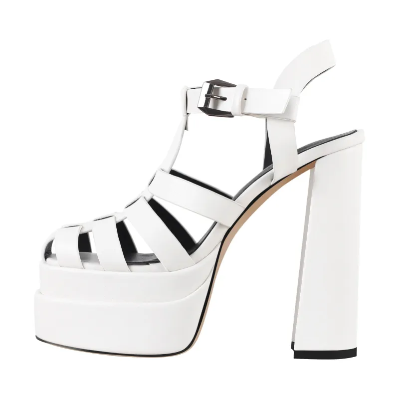 White Platform Chunky High Heel Hollow Out Strappy Sandals sold by Onlymaker