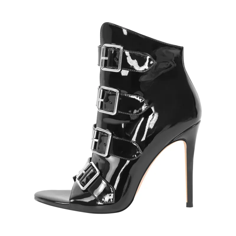 Patent Leather Open Toe Buckle Strap Ankle Boots sold by Onlymaker