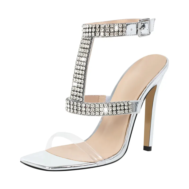 Square Toe Rhinestone T-Strap Stiletto Sandals sold by Onlymaker