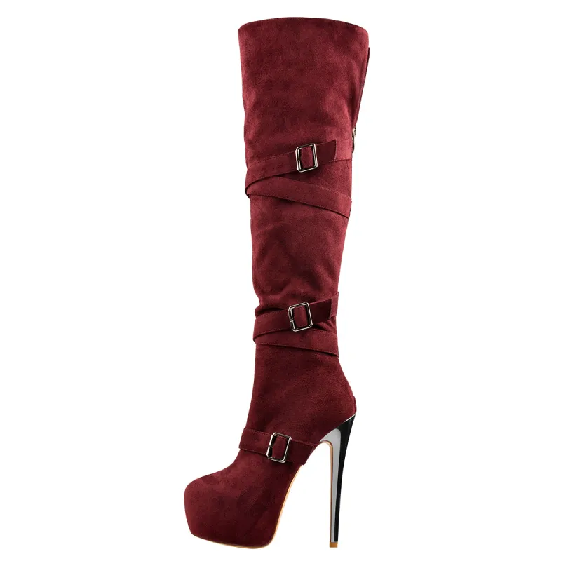 Burgundy Suede Platform Buckle Stiletto Over The Knee High Boots sold by Onlymaker
