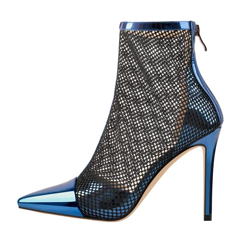 Pointed Toe Hollow Network Patent Leather High Heel Ankle Boots sold by Onlymaker