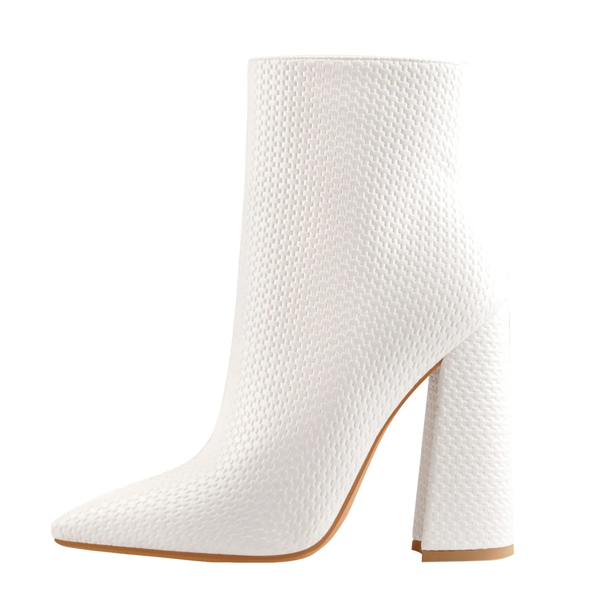 White Woven Pattern Back Zipper Squre Chunky Heel Ankle Boots sold by Onlymaker