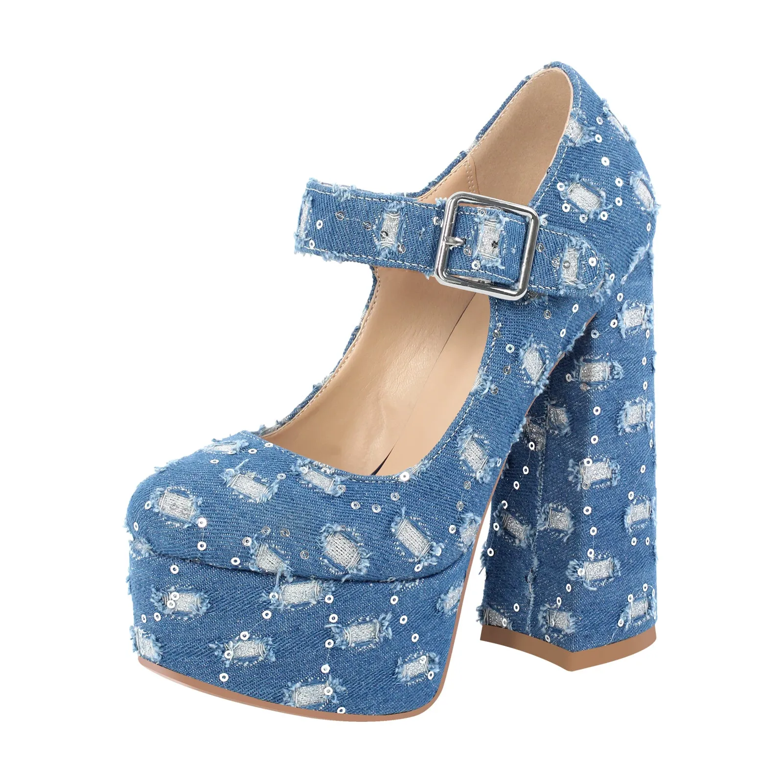 Denim Round Toe Platform Chunky Heels Pumps sold by Onlymaker product image thumbnail 5