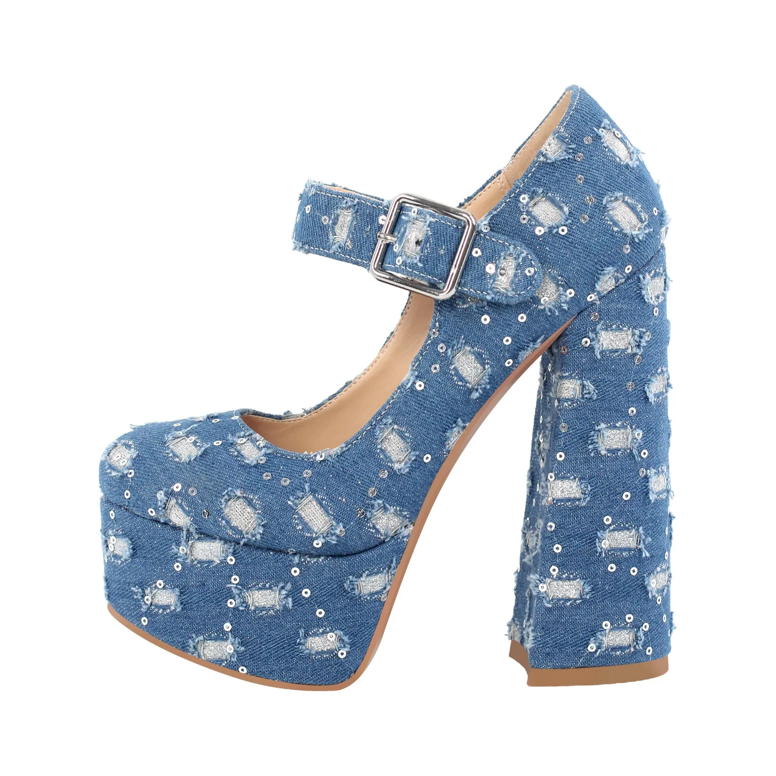 Denim Round Toe Platform Chunky Heels Pumps sold by Onlymaker