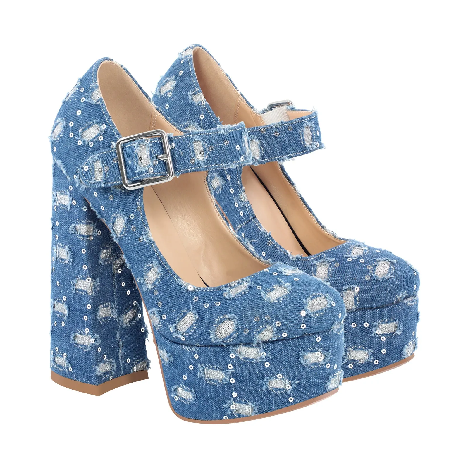 Denim Round Toe Platform Chunky Heels Pumps sold by Onlymaker product image thumbnail 3