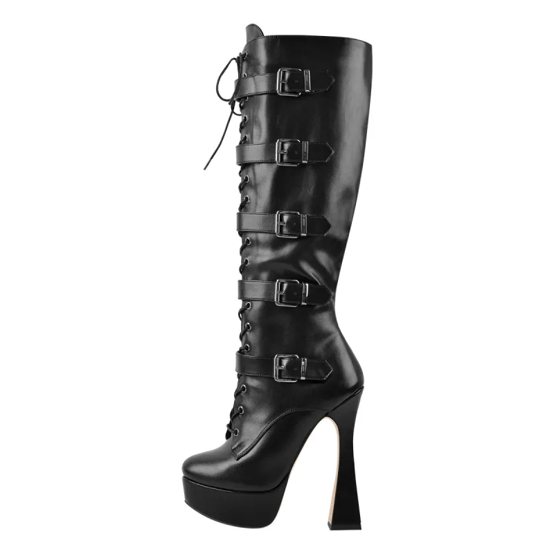 Black Round Toe Platform Belt Lace Zipper High Heel Boots sold by Onlymaker