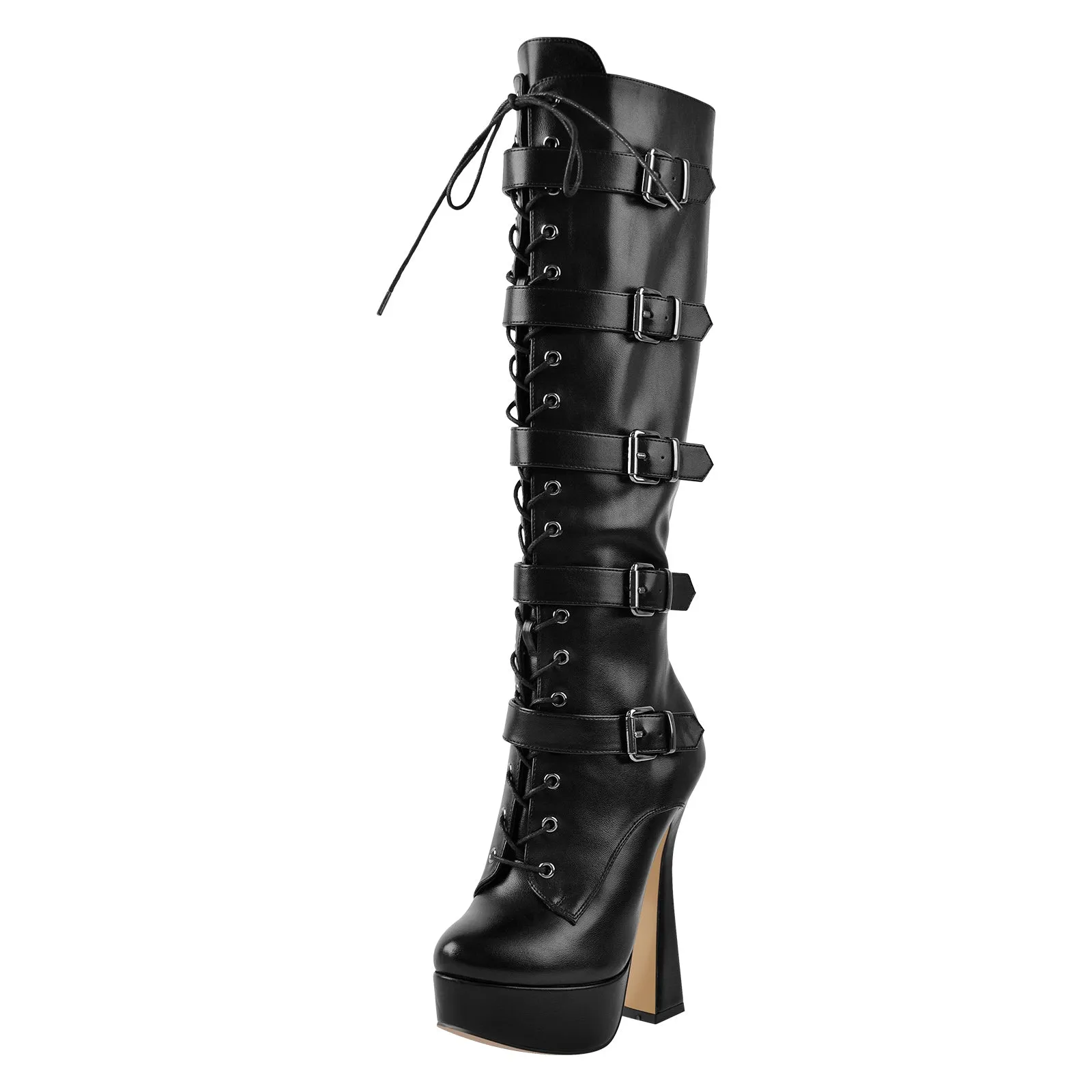 Black Round Toe Platform Belt Lace Zipper High Heel Boots sold by Onlymaker product image thumbnail 2