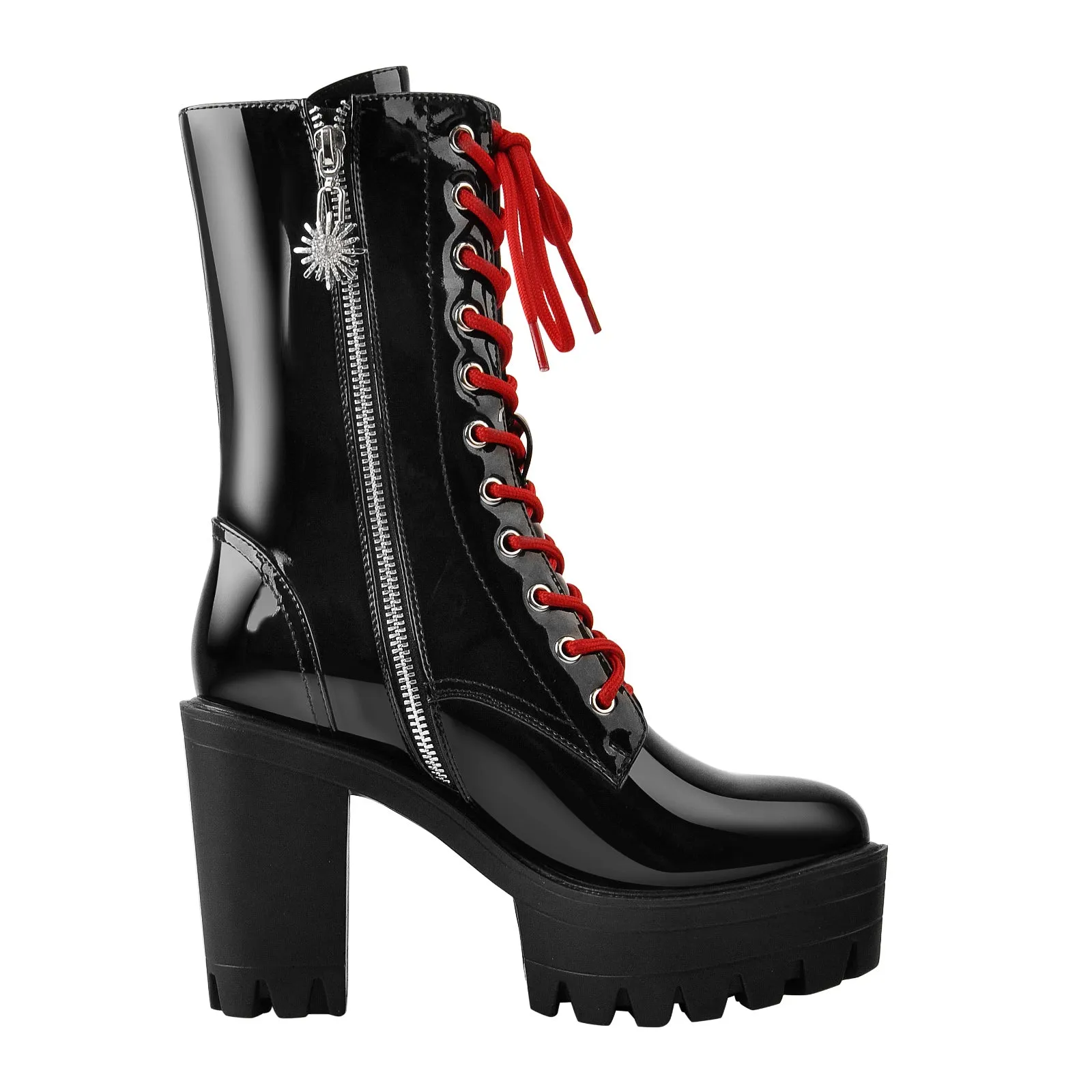 Patent Black Platform Red Lace Chunky Heel Ankle Boots sold by Onlymaker product image thumbnail 3