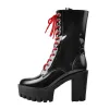 Patent Black Platform Red Lace Chunky Heel Ankle Boots sold by Onlymaker