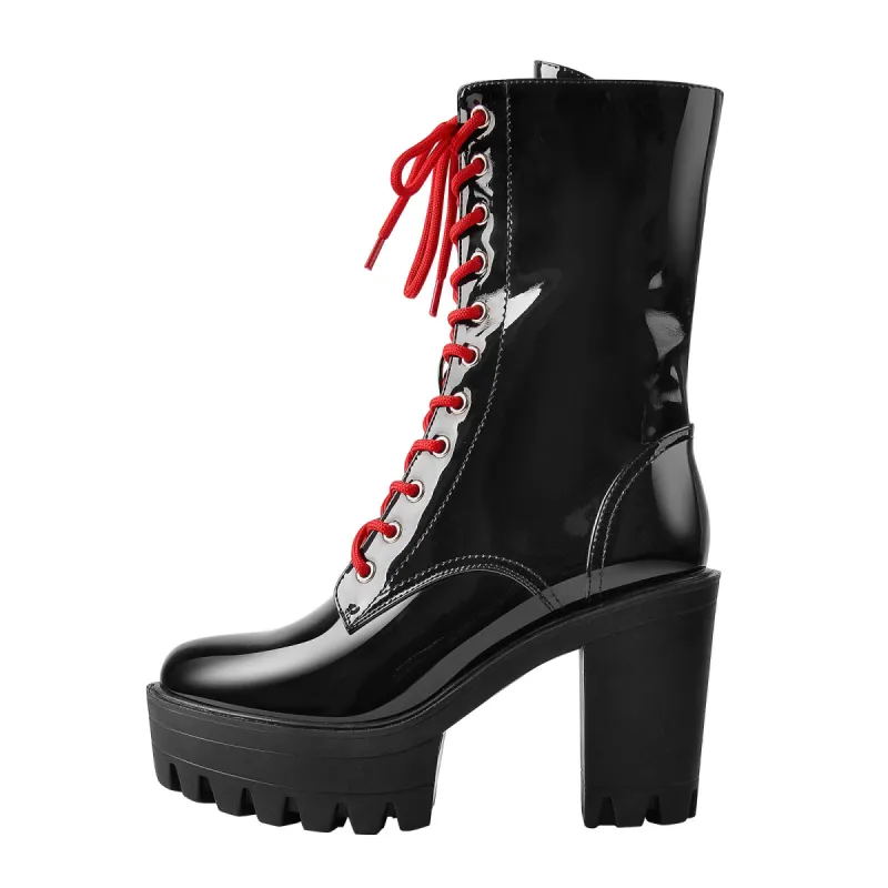 Patent Black Platform Red Lace Chunky Heel Ankle Boots sold by Onlymaker