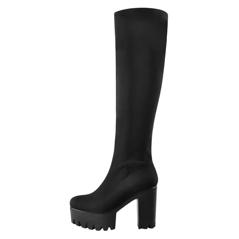 Black Platform Knee Chunky Heels Boots sold by Onlymaker