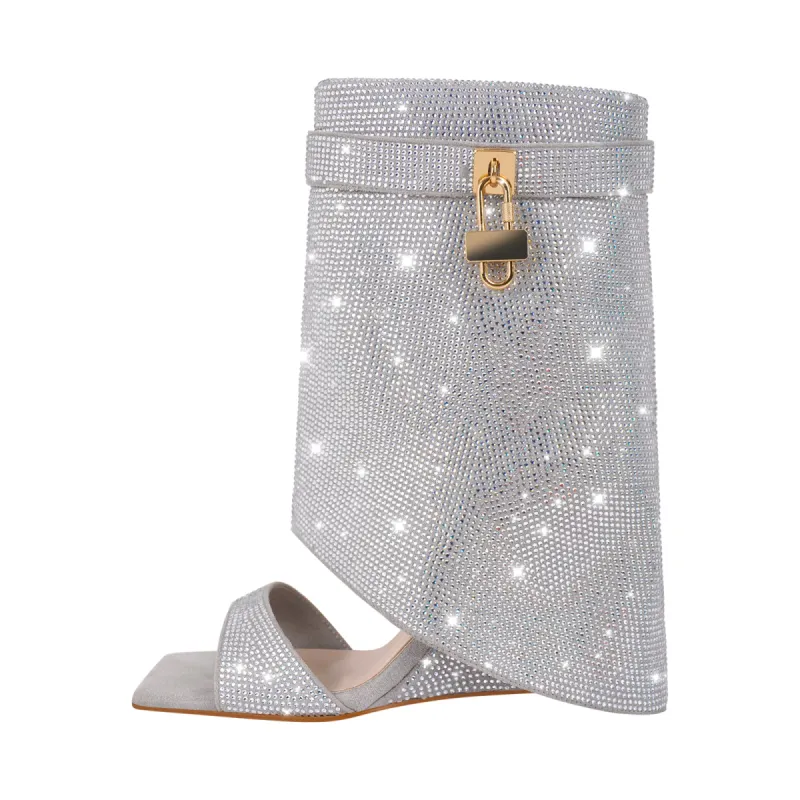 Square Toe Rhinestone Wedge High Heel Boots Sandals sold by Onlymaker