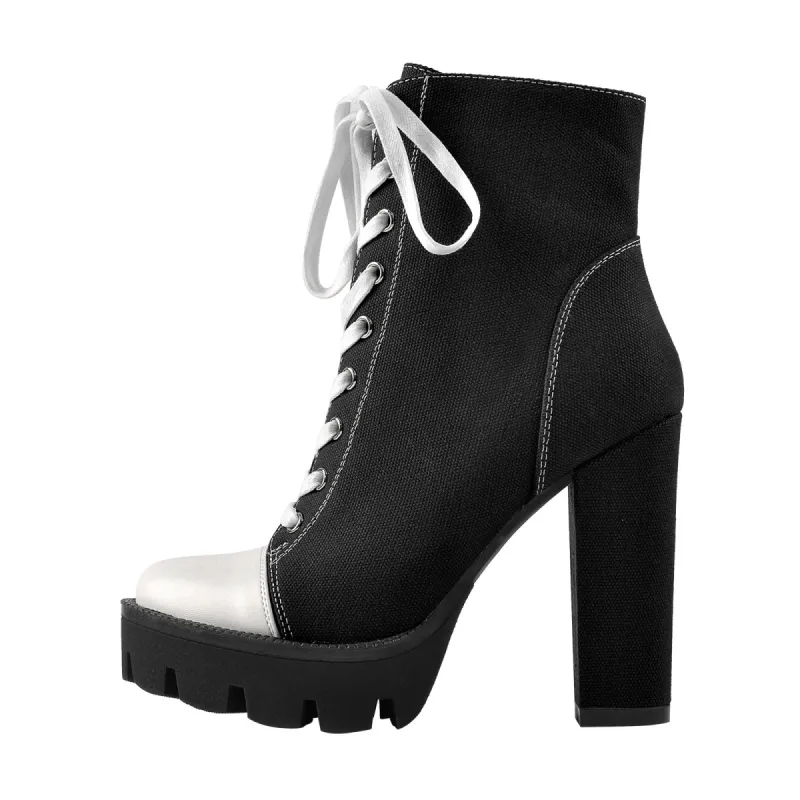 Platform Lace Up Canvas Chunky Heel Boots sold by Onlymaker