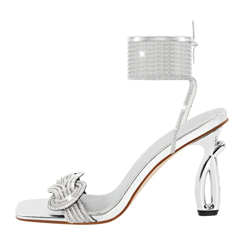 Rhinestone Square Toe Ankle Strap Silver Sandals sold by Onlymaker