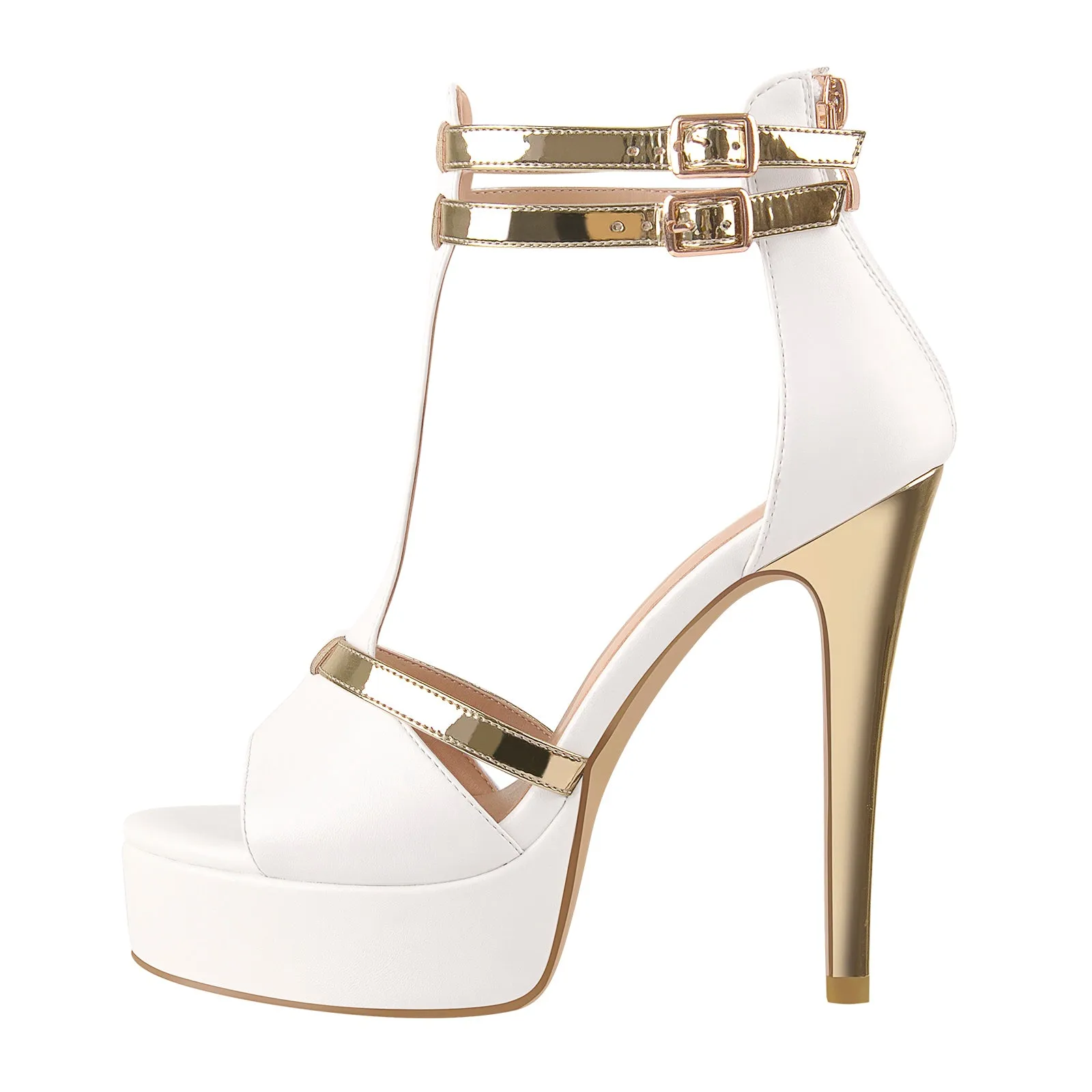 Gold T-Strap White Platform High Heel Sandals sold by Onlymaker