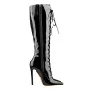 Black Patent Leather Lace Up Pointed Toe Knee High Boots sold by Onlymaker