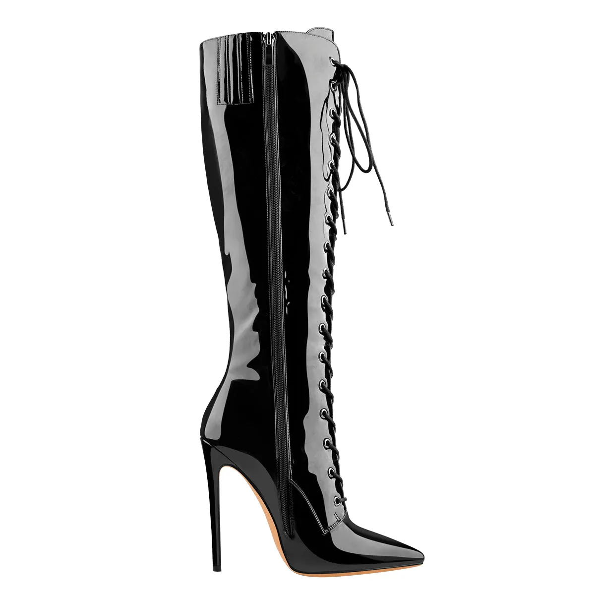 Black Patent Leather Lace Up Pointed Toe Knee High Boots sold by Onlymaker product image thumbnail 3