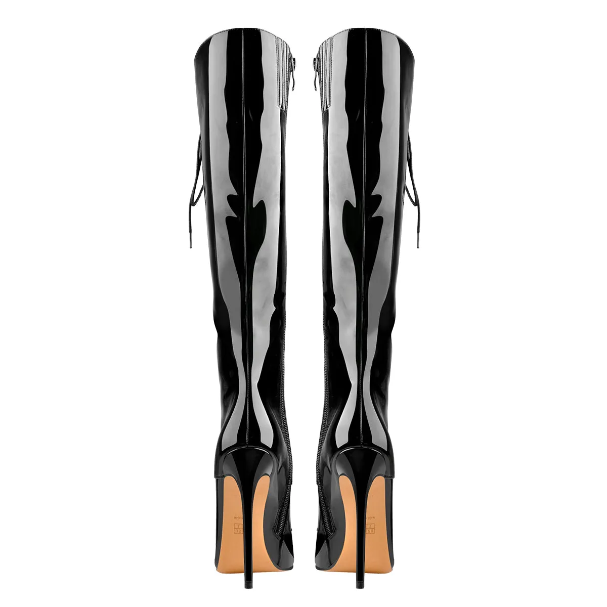 Black Patent Leather Lace Up Pointed Toe Knee High Boots sold by Onlymaker product image thumbnail 4