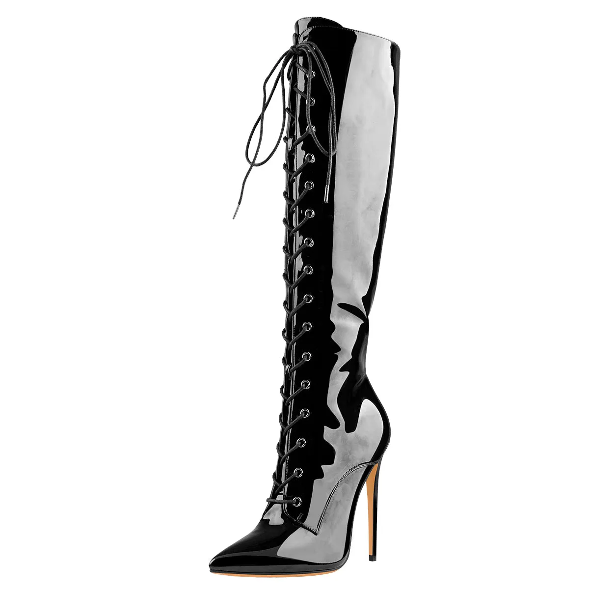 Black Patent Leather Lace Up Pointed Toe Knee High Boots sold by Onlymaker product image thumbnail 2