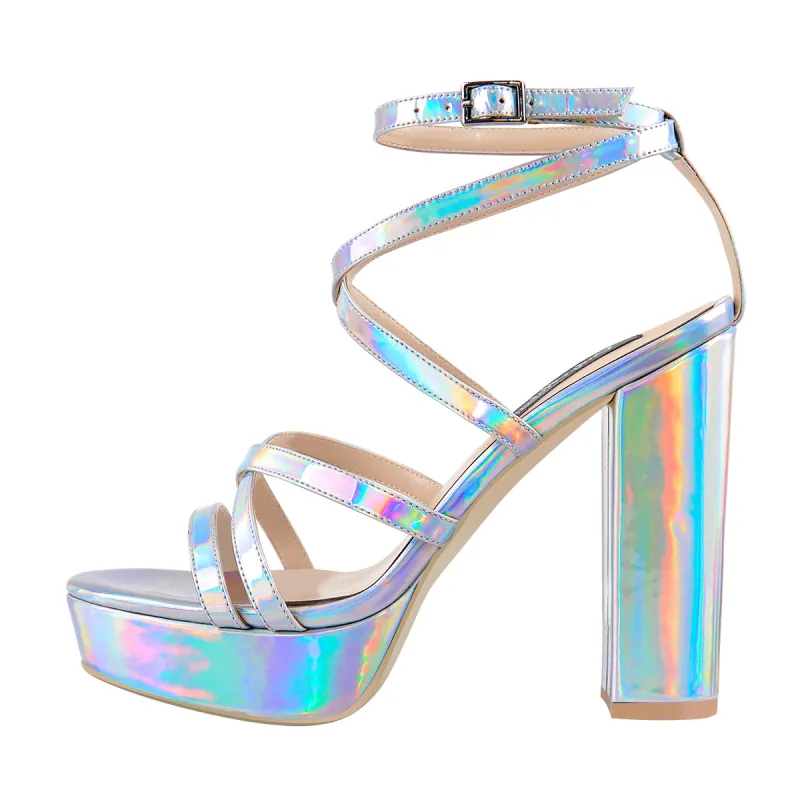 Holographic Open Toe Platform Cross Ankle Strap Chunky Square Heels Sandals sold by Onlymaker